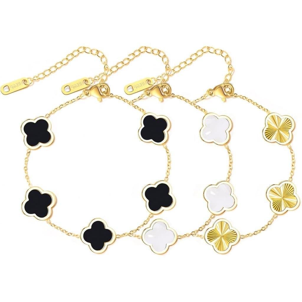 Conjunto de 3 Pulseiras Trevo Banhadas a Ouro 18k, Pulseira Trevo da Sorte Feminina, Pulseiras de Elos Ajustáveis, Joias