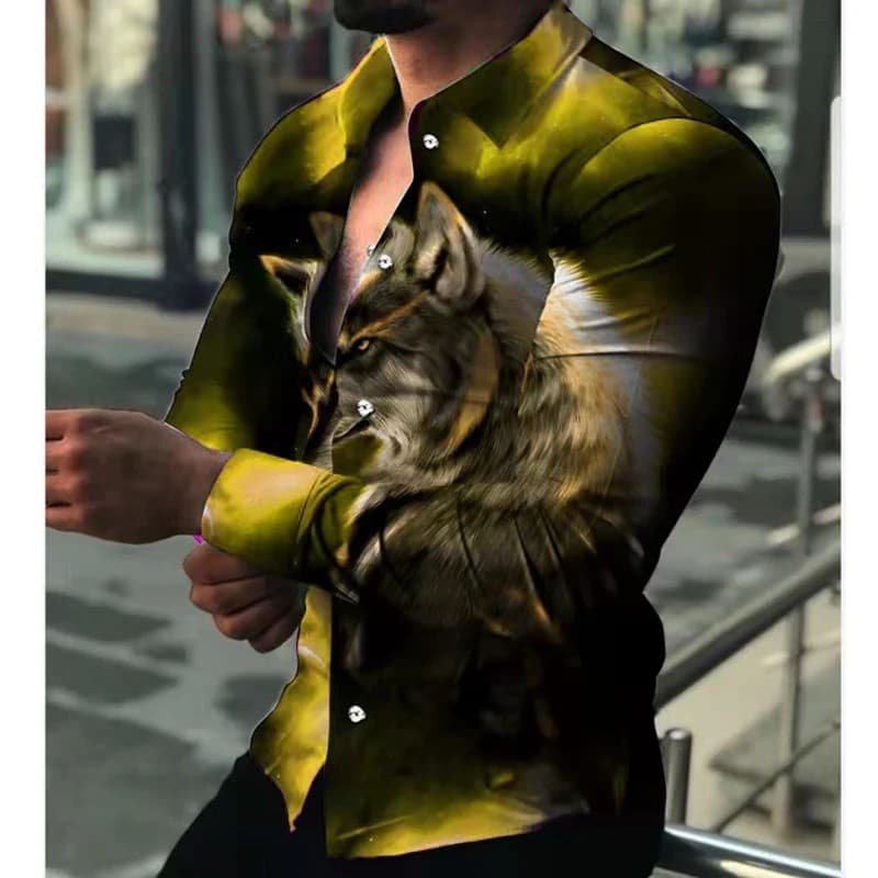 Camisas Masculinas da Moda, Oversized, Casual, com Estampa 3D de Lobo, Camisa de Manga Longa, Roupas Masculinas para Fes