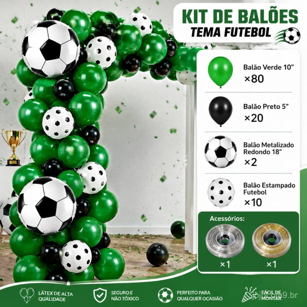 Kit Arco de Balões Tema Futebol Verde e Preto com Balões Metalizados para Festa e Aniversário