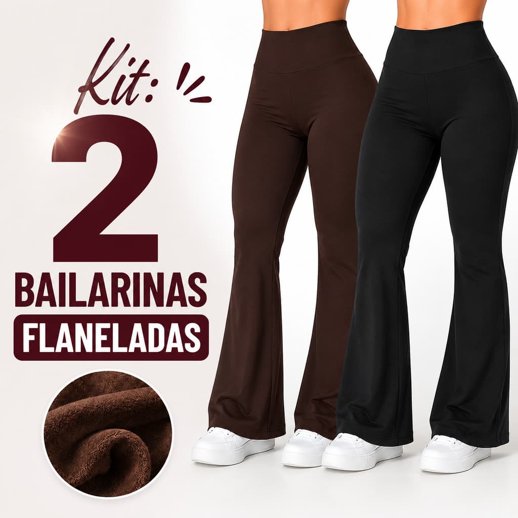 Kit 2 Calça Legging Flare Flanelada Peluciada Bailarina Cós Alto Não Transparente