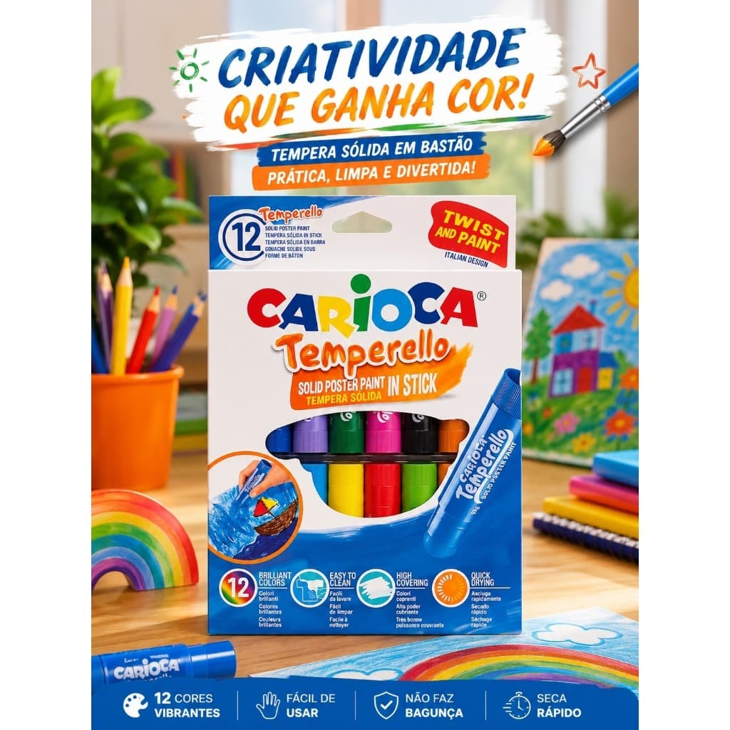 Kit 12 Tinta Guache Bastao Multicolor Pratico Cores Vibrantes Art Escolar