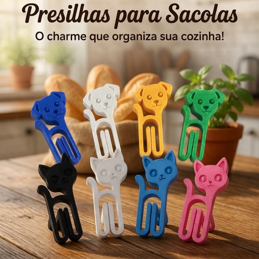 Prendedor kit 8 clips gatinhos e cachorros presilha para embalagens sacos de alimentos