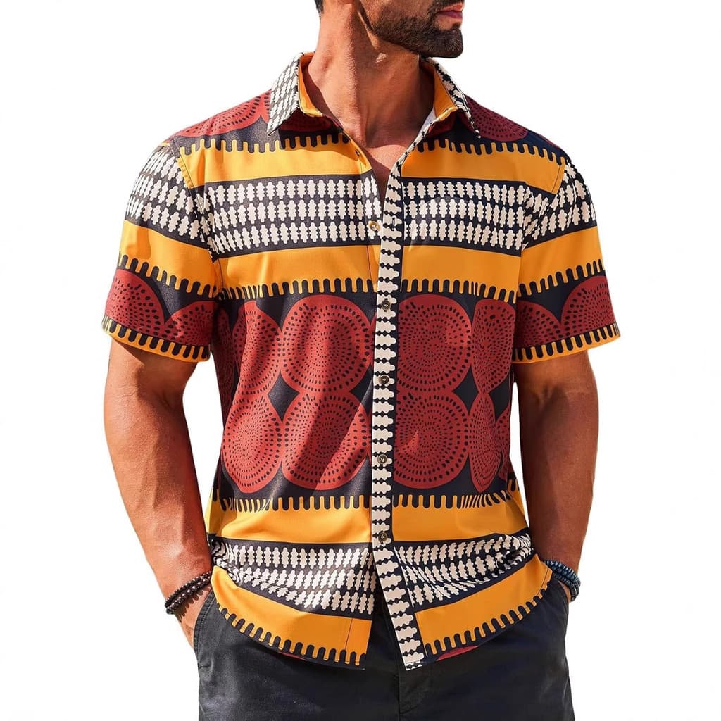 Camisa masculina de manga curta transfronteiriça Amazon com padrões tradicionais africanos abotoados