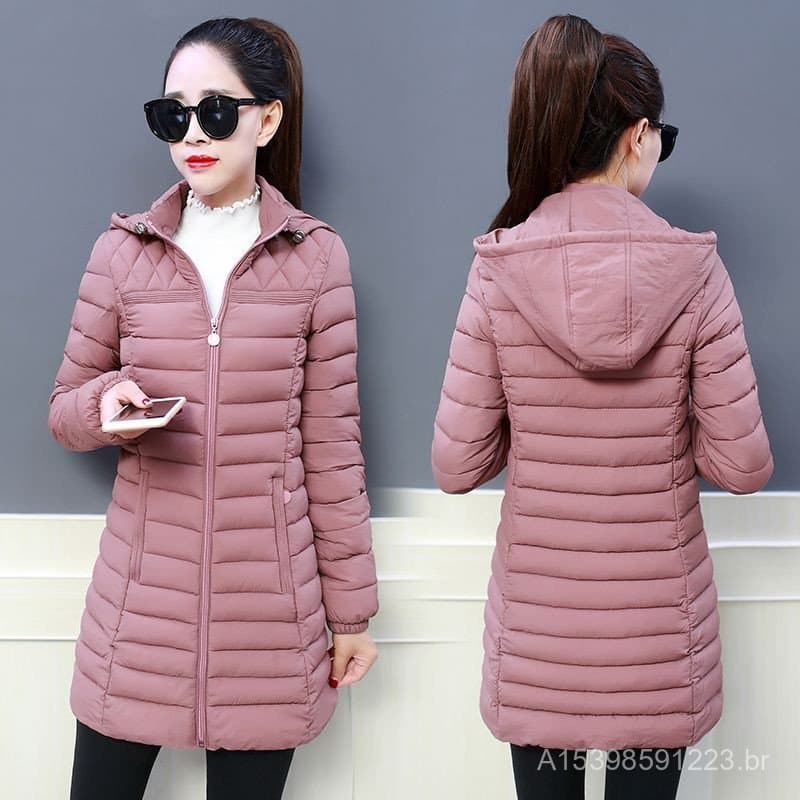 Coreana Slim Tamanho Máximo Feminino Inverno Sólido Comprimento Médio Manga Comprida Zíper Casaco De Algodão Com Capuz .