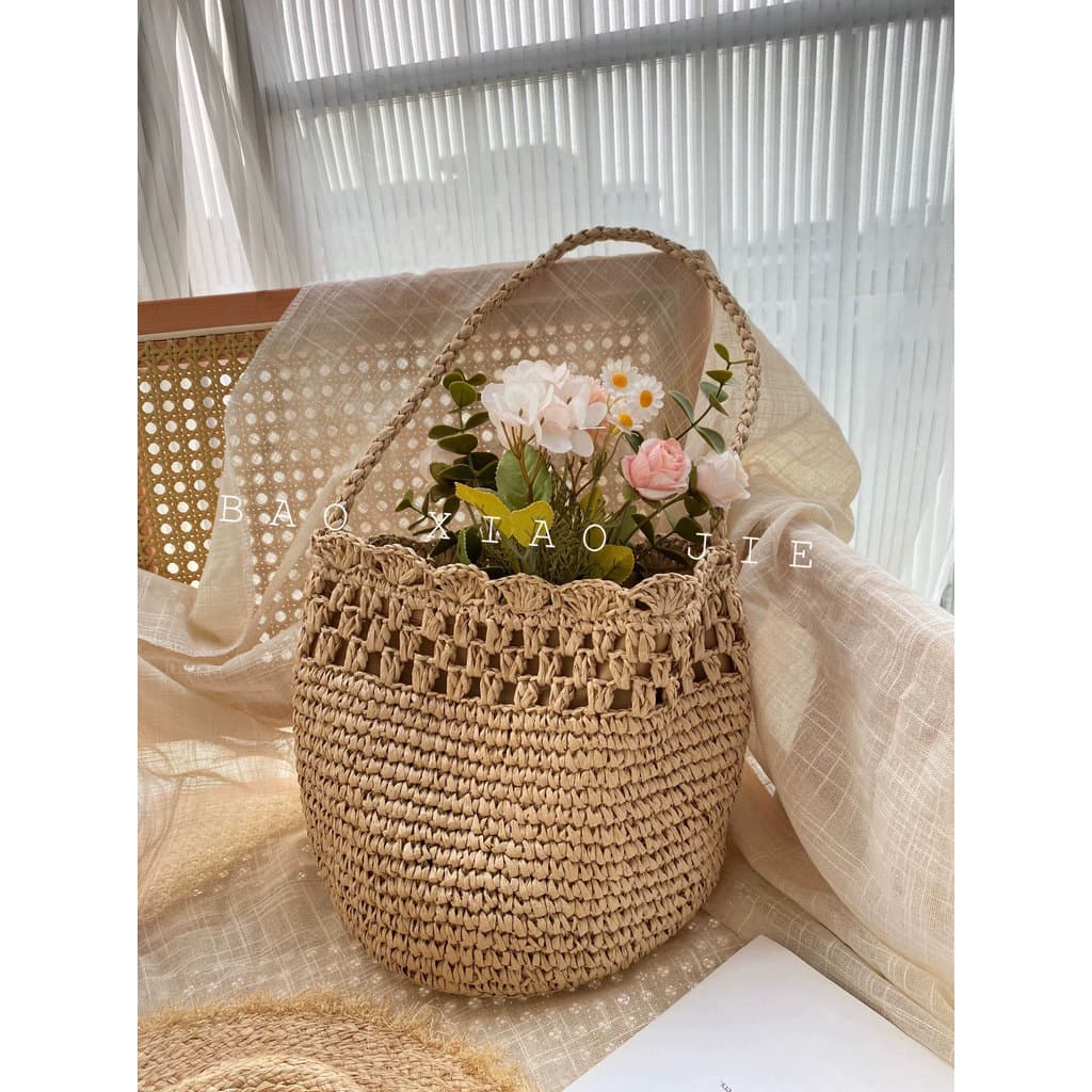 Bolsa de palha de um ombro de ráfia francesa novo estilo bolsa de palha de renda oca bolsa de tecido bolsa de praia de f