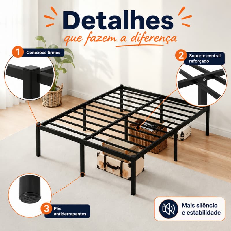 Cama Casal 138x188 c/ Armazenamento, Base Metal 500kg Antirruído, Sem Box, Fácil Montar