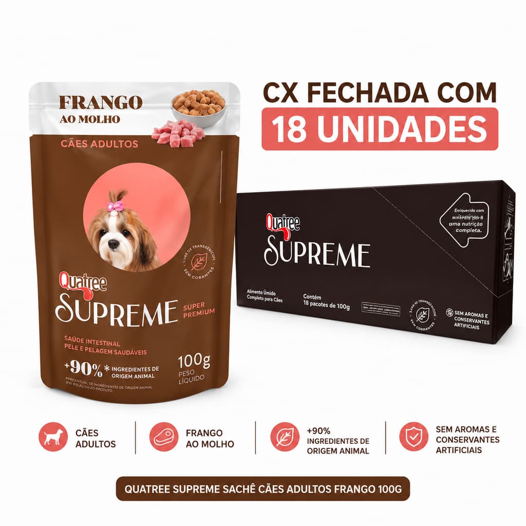QUATREE SUPREME 18 UNIDADES SACHE CAES ADULTOS FRANGO 100G CX FECHADA