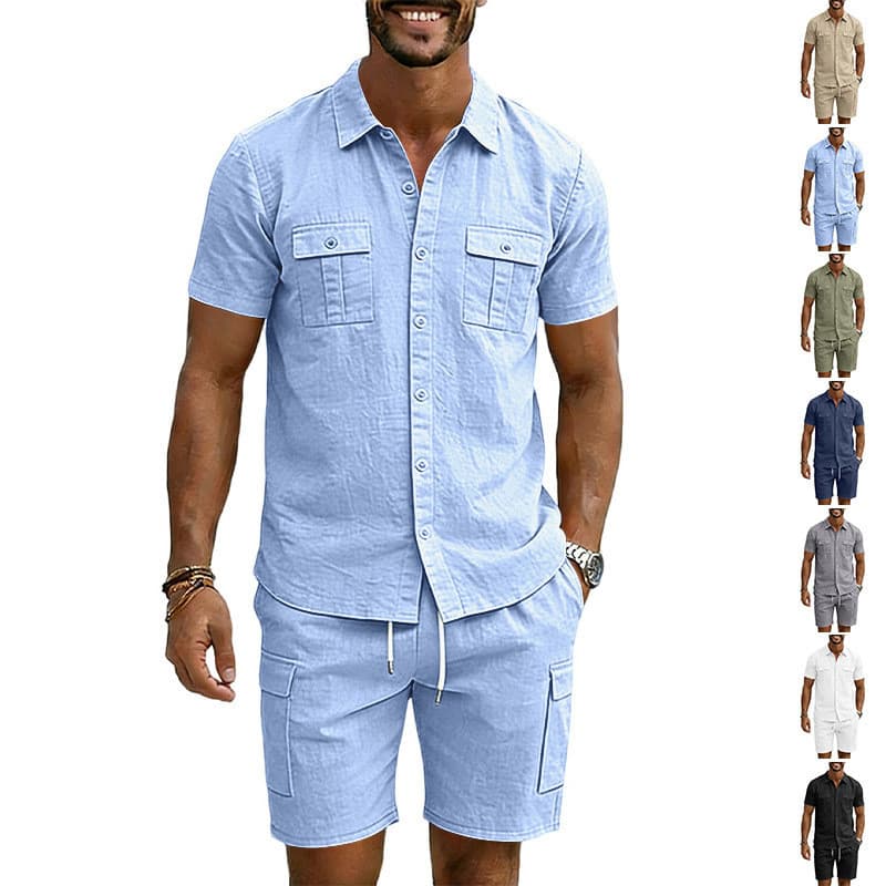 [Venda quente] Camisa masculina de lapela de linho de cor sólida com vários bolsos esportivos casuais de manga curta con