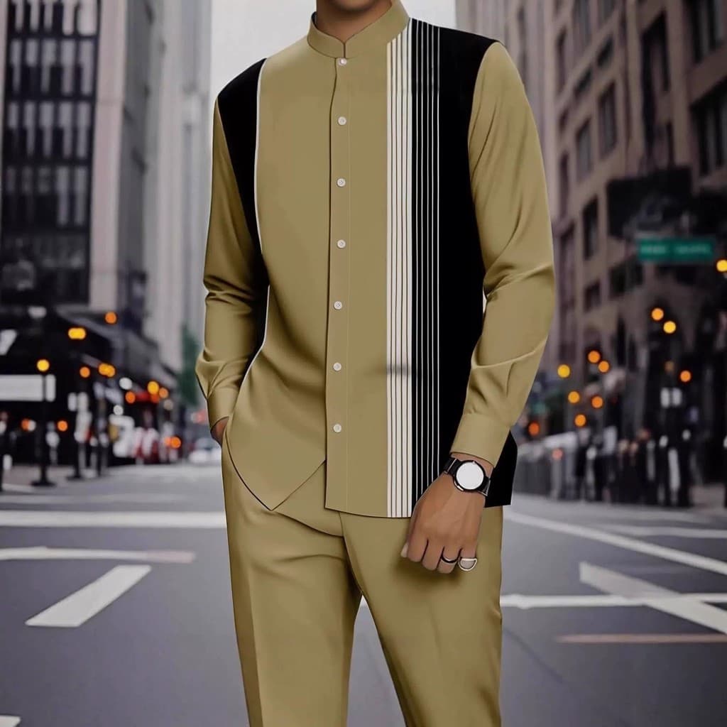 [Venda quente] Masculino d impressão Digital listras cor-bloqueando gola alta camisa Casual capa de botão [envio rápido]