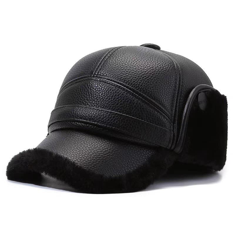 Boné de beisebol masculino para outono e inverno, forrado com fleece, com proteção para as orelhas, em couro e lã, espes