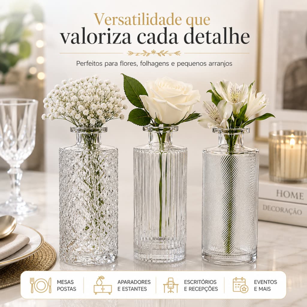 Jogo de 3 mini vasos Vasetto em cristal  Decoração Casamento Festa Sala Elegante Resistente