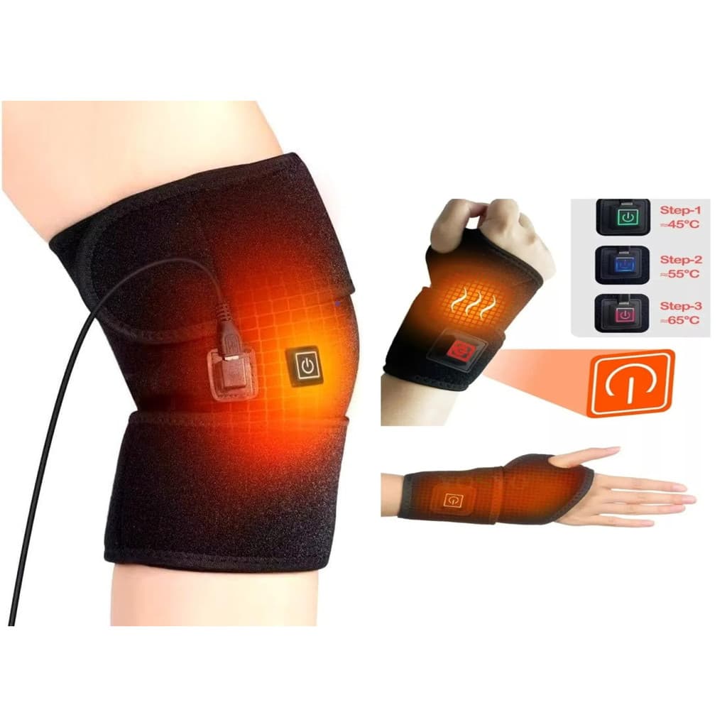 Kit Joelheira Térmica Elétrica USB + Munhequeira Térmica 3 Níveis de Temperatura Faixa Aquecedora