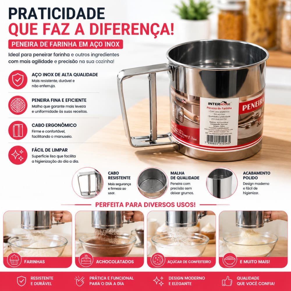 Peneira De Farinha Tapioqueira Aço Inox Malha Fina Cozinha Confeitaria