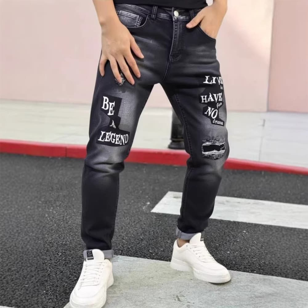 Jeans masculino street Wear Design sentido rasgado Slim-fit pés pequenos calças retas