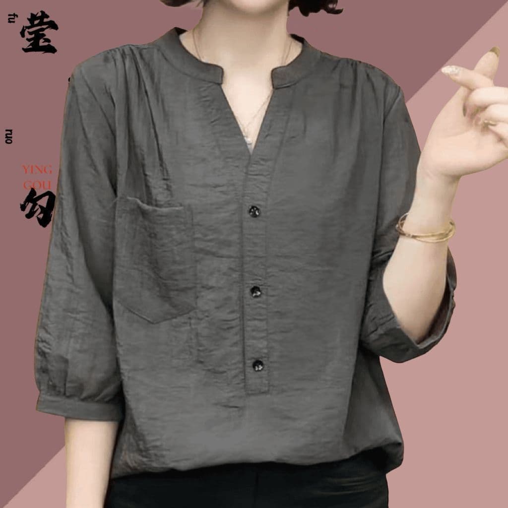 Camisa solta de cor sólida de verão tamanho grande pulôver Casual camisa de manga média seda gelada
