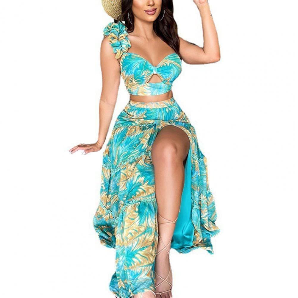 Conjuntos Sensuais para Mulheres: Top Curto e Saia Longa, Estampa de Folhas Havaianas, Decote Baixo, Estilo Feminino #