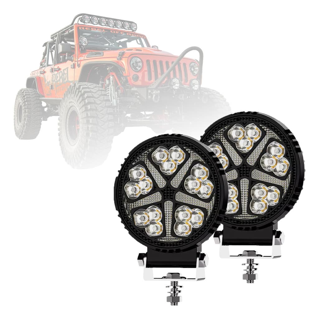 Par Farol Milha Led Redondo Bivolt 48w Off Road Farolete Universal Automotivo Trator Potente Strobo