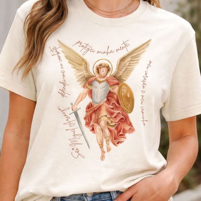 Camiseta Católica São Miguel Arcanjo Tecido Premium 100% Algodão Camisa Feminina Masulina Casual