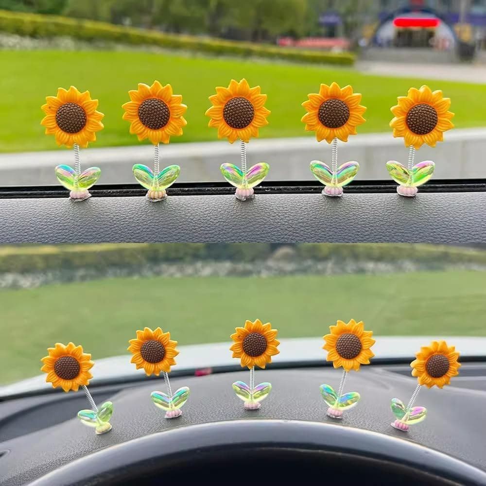 5 peças de decorações de painel de carro em forma de girassol, bonecos decorativos de girassol balançantes para carro, p