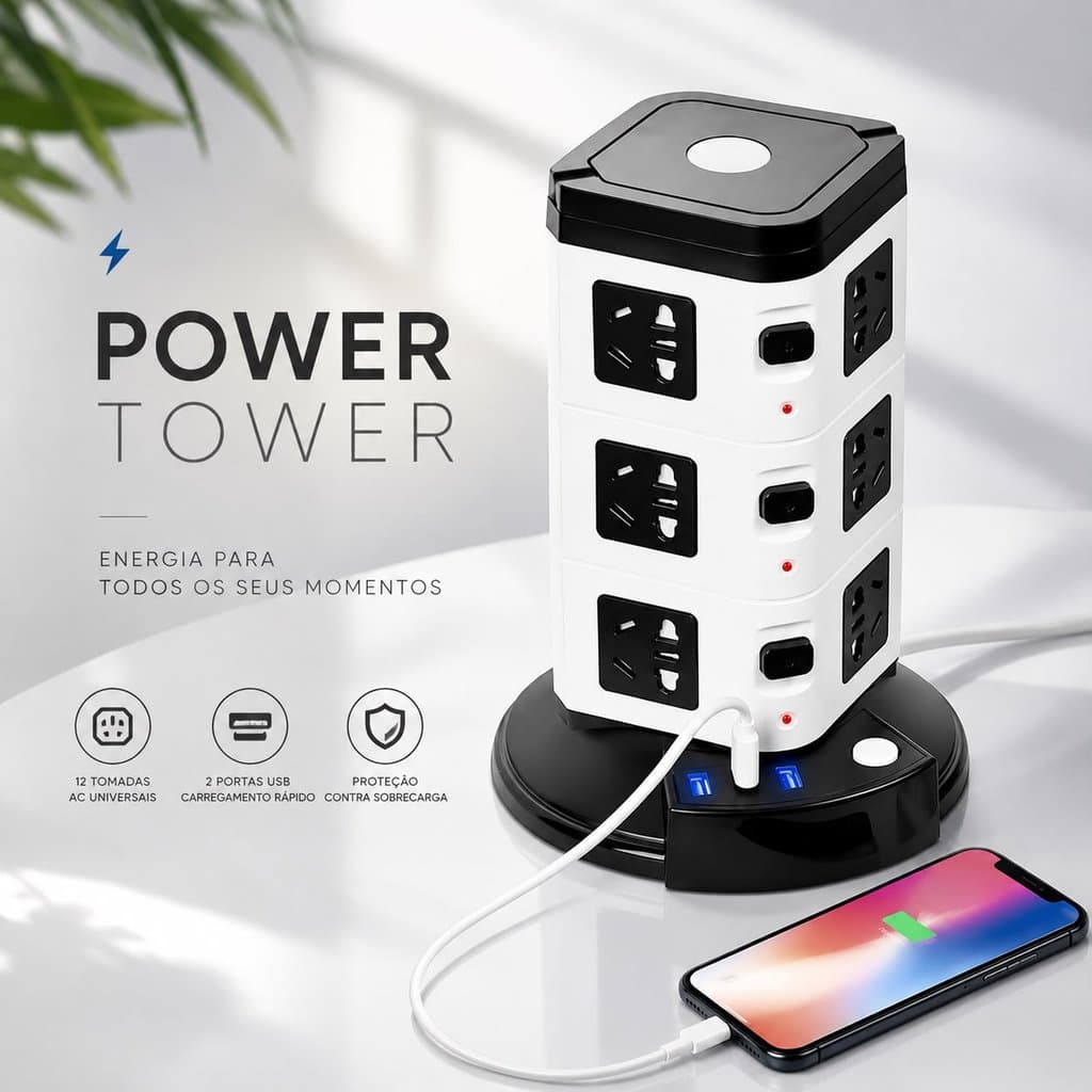 Tomada de proteção contra raios em torre, régua de energia vertical com vários furos e luz noturna USB BM-8700