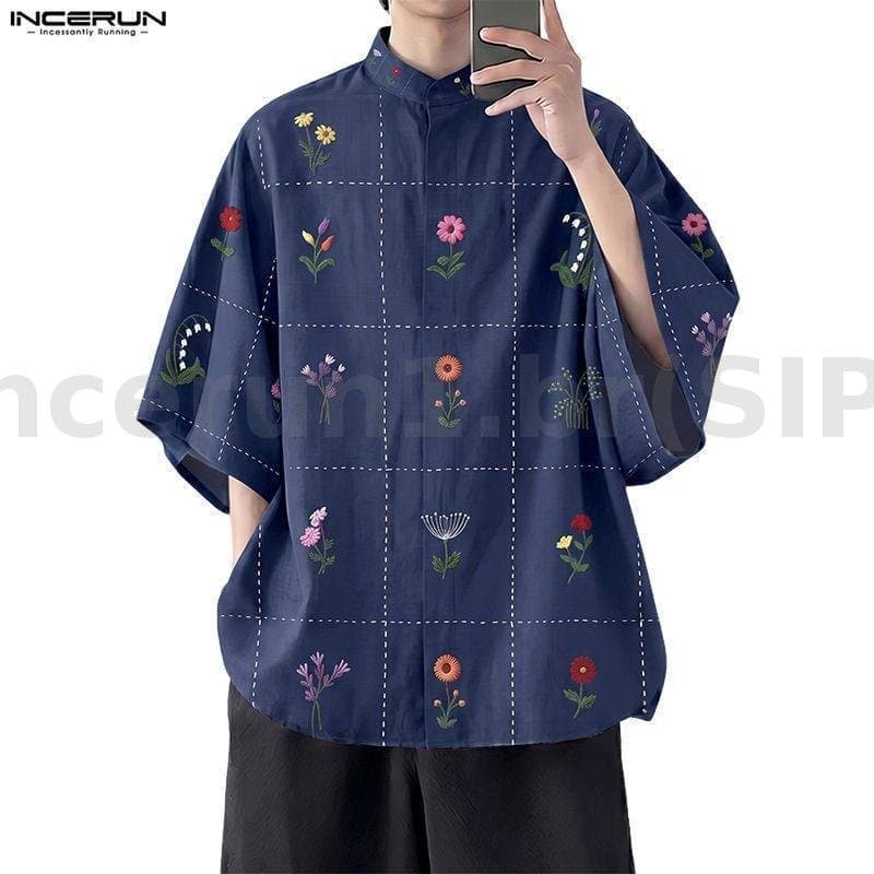 Camisa Masculina Estilo Coreano da INCERUN com Gola Floral Botânica, Botões e Manga 3/4