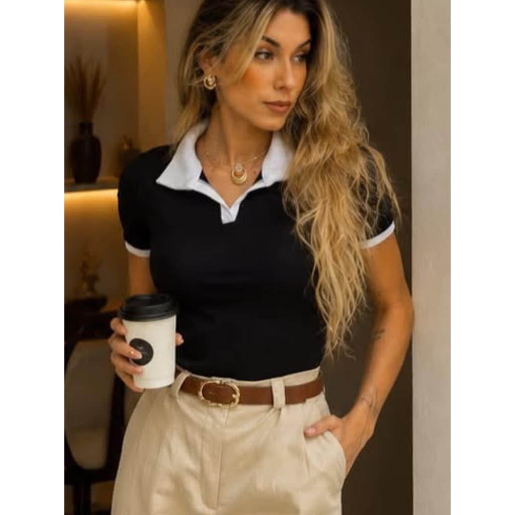 Blusa Polo Feminina Bicolor Ribana Premium Ajustada Gola Contraste Elegante Moda