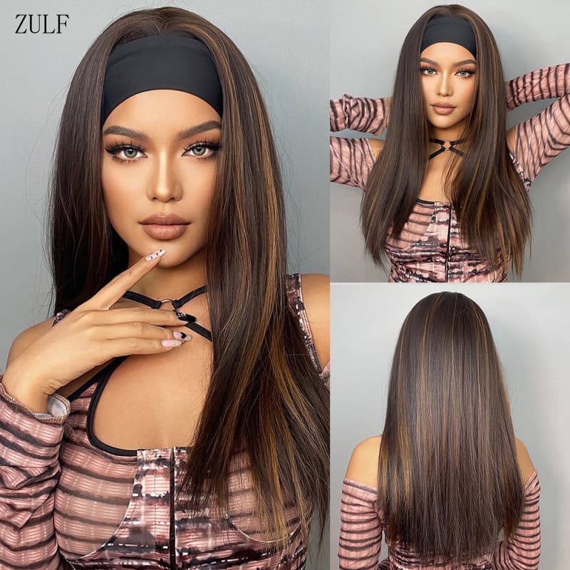 Peruca Longa Marrom com Faixa de Cabelo Loiro para Mulheres, Resistente ao Calor, para Cosplay e Uso Diário GHLX IXRF