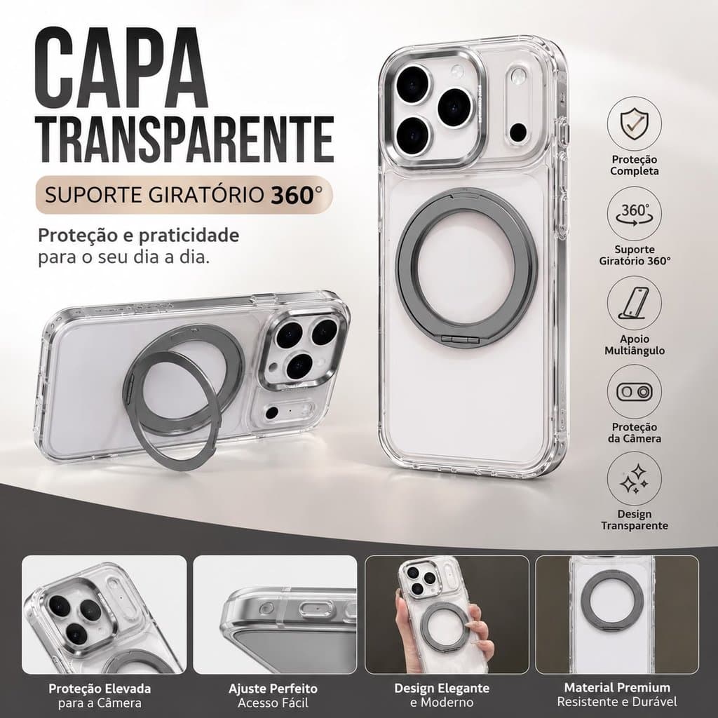 Capa Magnética Transparente com Suporte 360° e Proteção Anti-Queda para iPhone17 Pro Max 16 15 14 13
