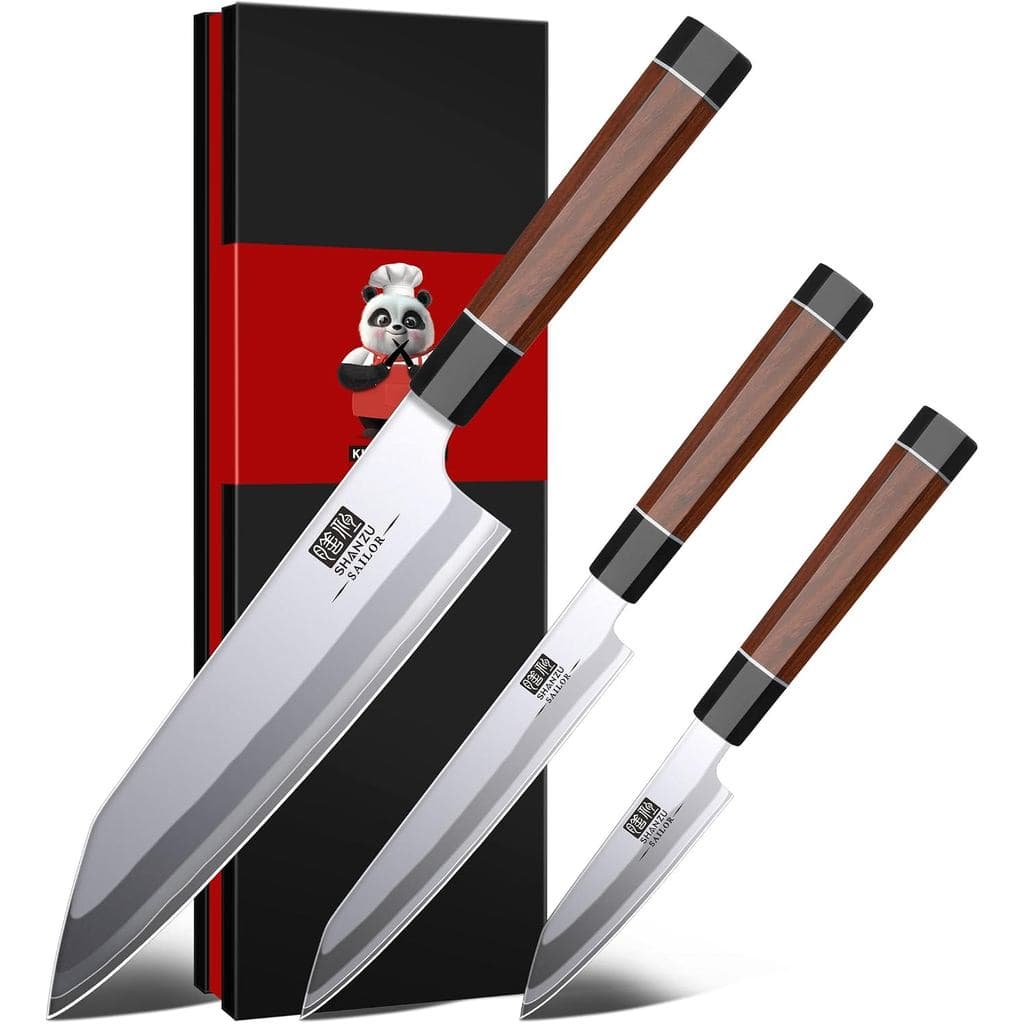 Conjunto de facas japonesas SHAN ZU de 3 peças e 9 camadas, facas de cozinha profissionais feitas de aço de alto carbono