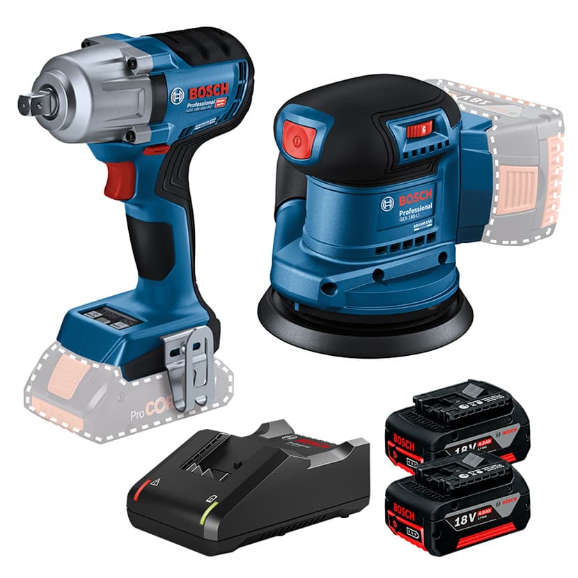 Kit Chave Impacto 1/2" GDS 18V-450 PC + Lixadeira Roto Orbital 5" GEX 185-LI + 2 Bateria 4Ah + Carregador Rápido Bosch