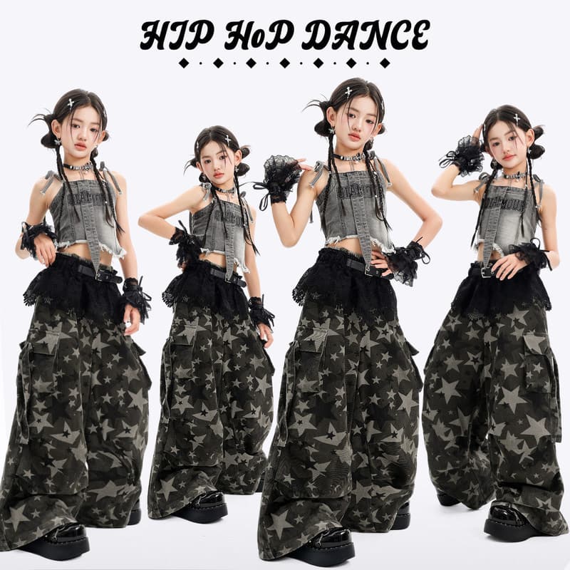 Meninas trajes de dança jazz na moda legal jazz crianças calças camufladas terno meninas palco passarela trajes desempen