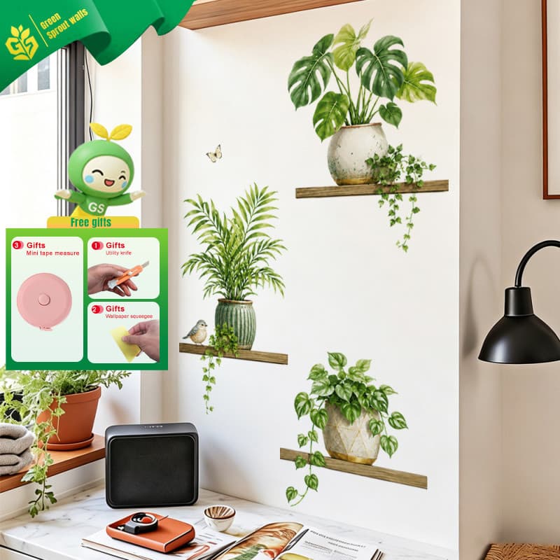 Adesivos de parede Suporte de flores de armazenamento simples Planta verde fresca Vaso de flores Borboleta PVC autoadesi