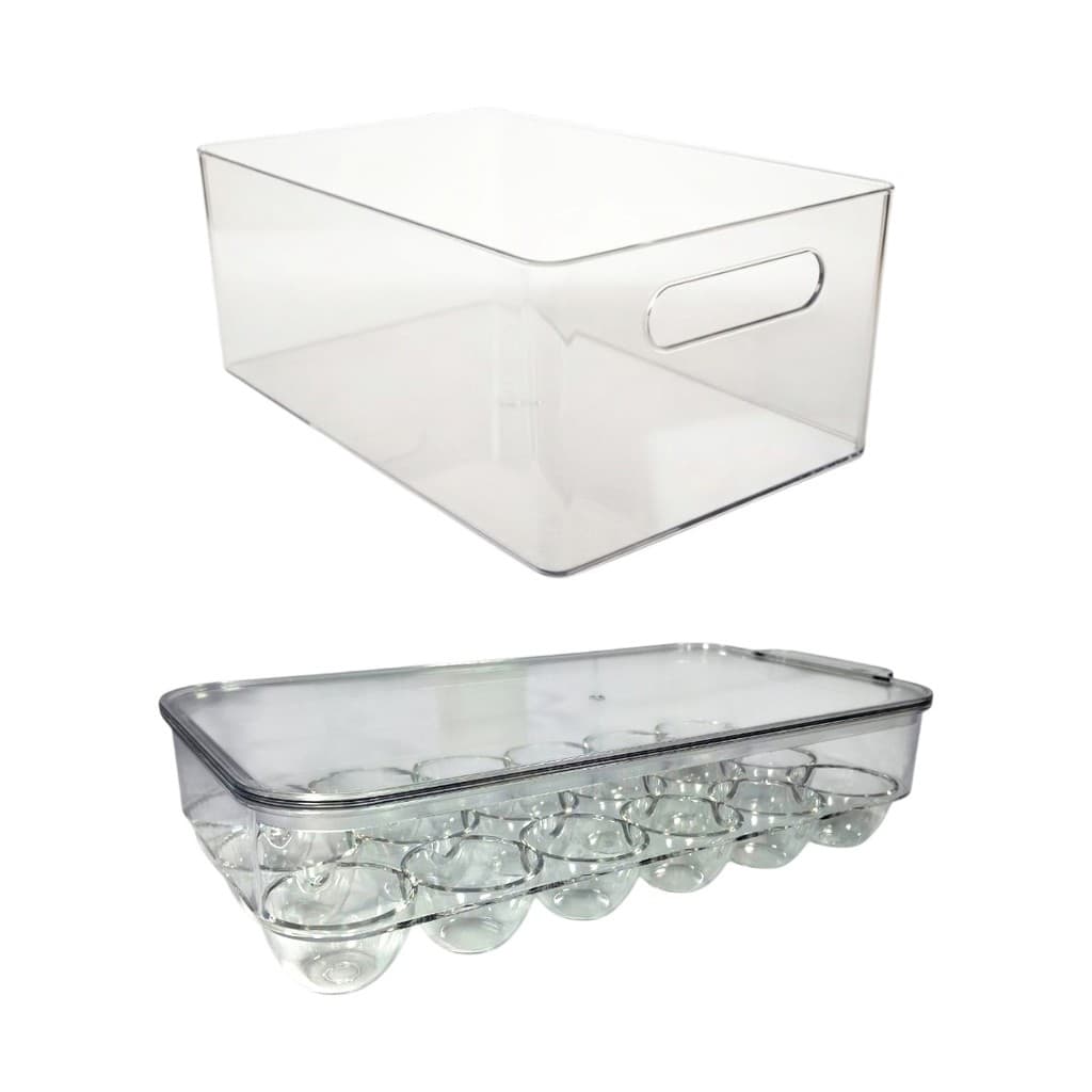 Kit 2 Peças Geladeira Caixa Organizadora Estilo Gaveta + Porta Ovos 18 Unidades Com Tampa