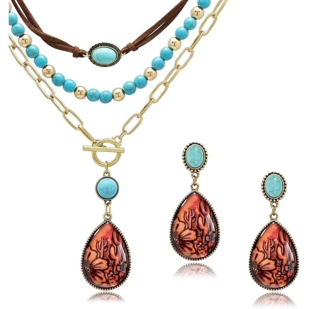 Conjunto de 4 Peças de Joias Boho Western para Mulheres: Colar Choker de Cacto com Contas Turquesa em Camadas, Brincos P