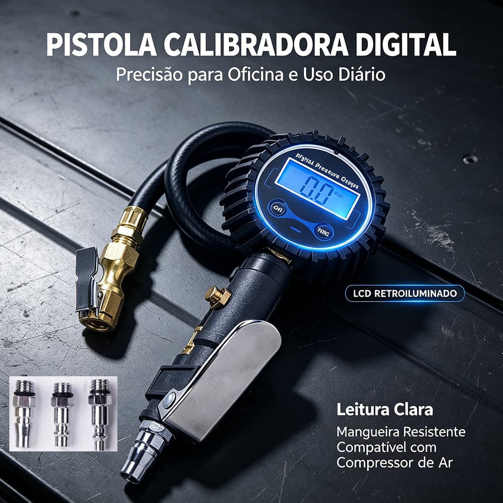 Calibrador Digital De PressãO Pneu Lcd, Mangueira Longa + 3 Adaptadores CompatíVel Carro Moto Bicicleta Compressor De Ar