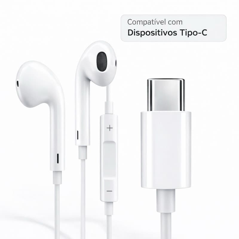Fone de Ouvido Tipo-C Estéreo com Controle de Volume + Microfone