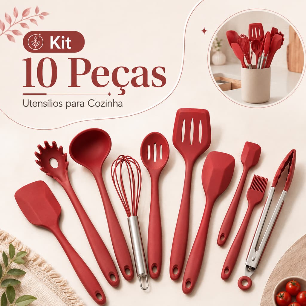 Kit 10 Peças Conjunto Utensílios Cozinha Vermelho Silicone Inox Jogo Colheres Pegador Concha Espátula Fouet