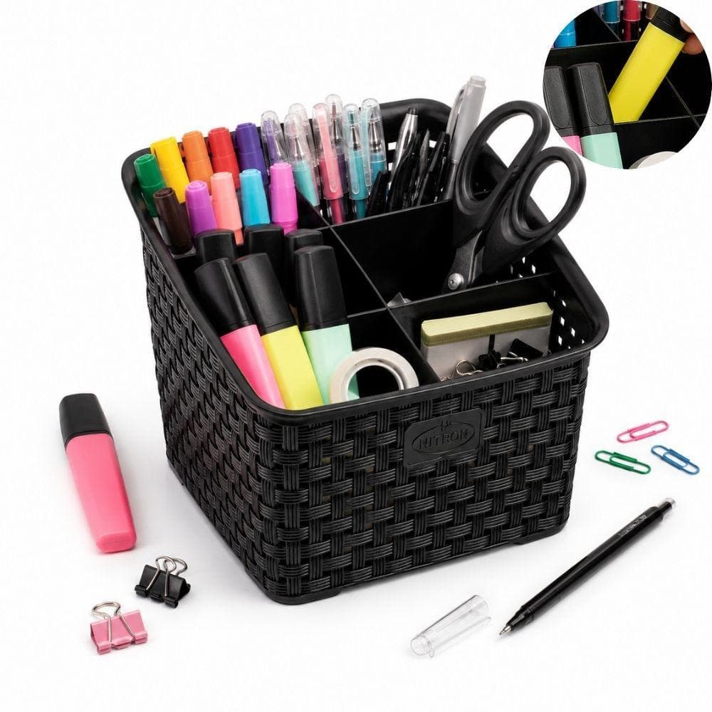 ORGANIZADOR RATTAN MULTIUSO 6 DIVISÓRIAS PORTA TALHERES UTENSÍLIOS MESA COZINHA PRETO BANHEIRO ESCRITÓRIO MESA