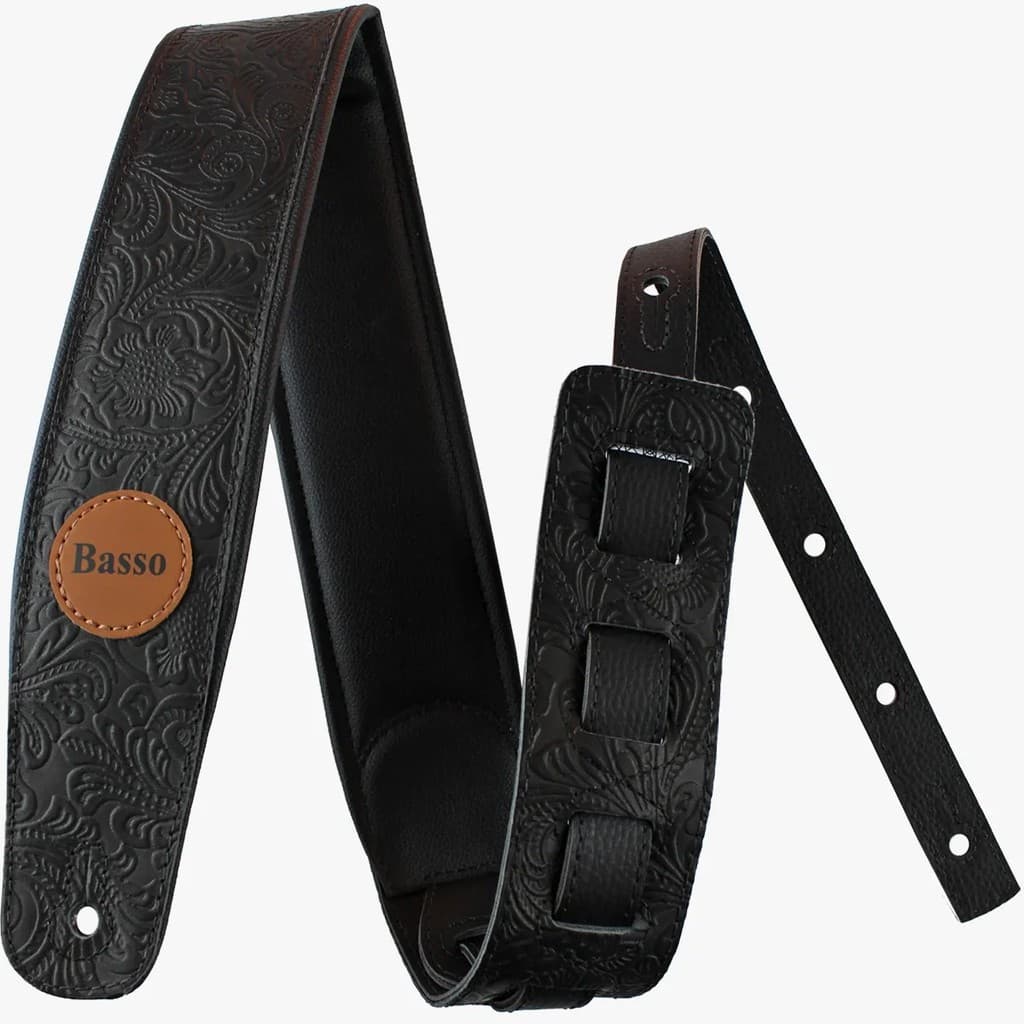 Correia Alça Guitarra Violão Baixo Basso Couro Floral Preto Ajustável Ponteiras Reforçadas VT SL 52