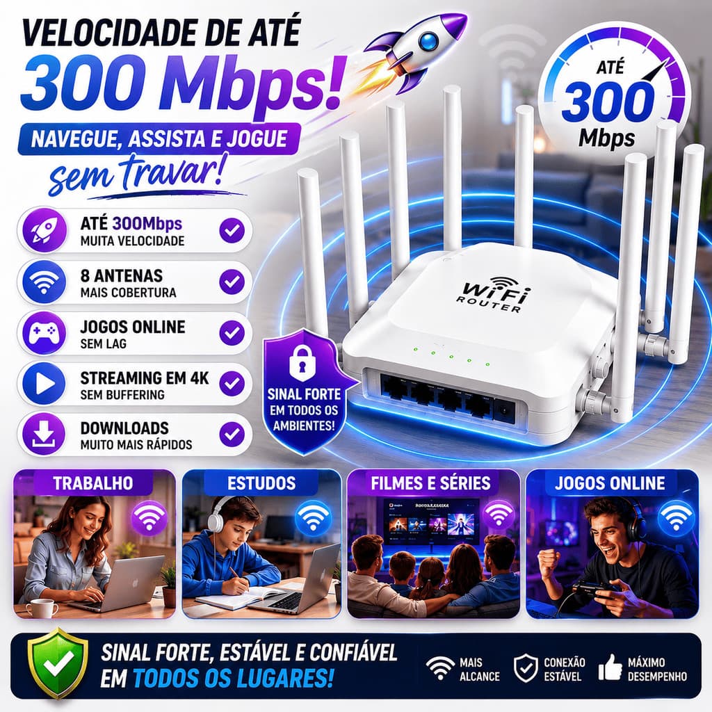 Roteador E Repetidor Amplificador De Sinal Wireless Wifi 300 Mbps 8 Antenas Potente Longo Alcance Casa Escritório