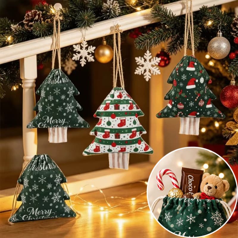 Bolsa De Embalagem De Veludo Com Estampa De Floco De Neve , Fecho Cordão-Saco De Presente Em Formato De Árvore De Natal