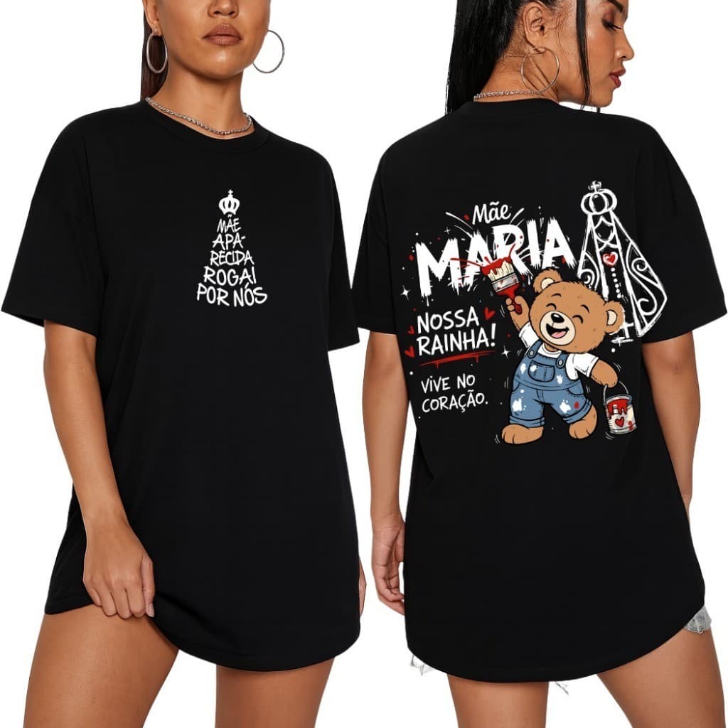 Camiseta Feminina Mãe Aparecida Rogai Por Nos Religiosa Igreja Estampada Algodão Manga Curta Gola Redonda