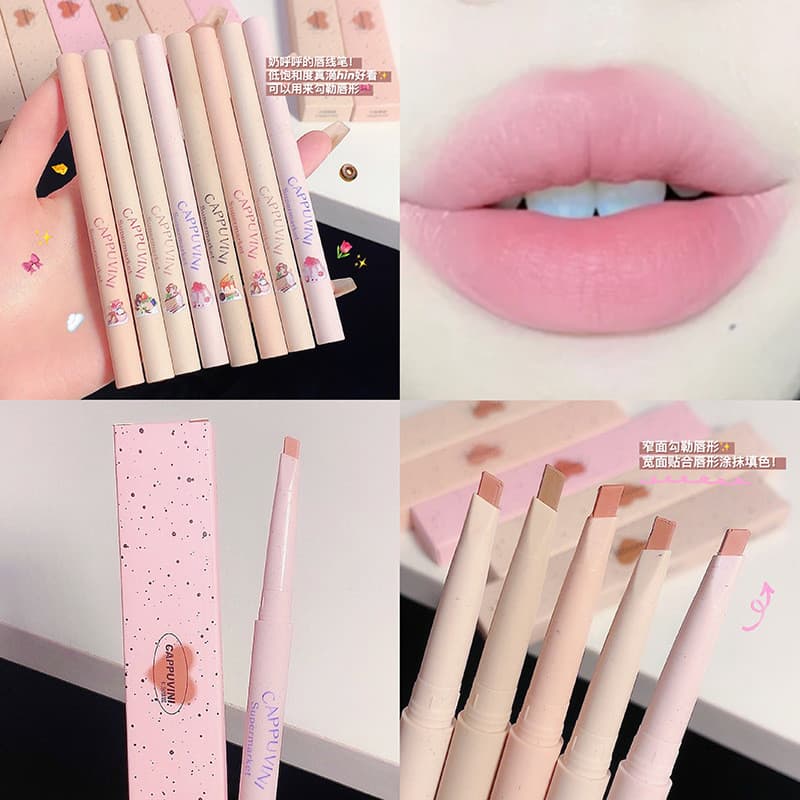 O lápis labial Milk Mist da Cappuvini delineia a linha dos lábios, modela os lábios, é fosco, de longa duração e não des
