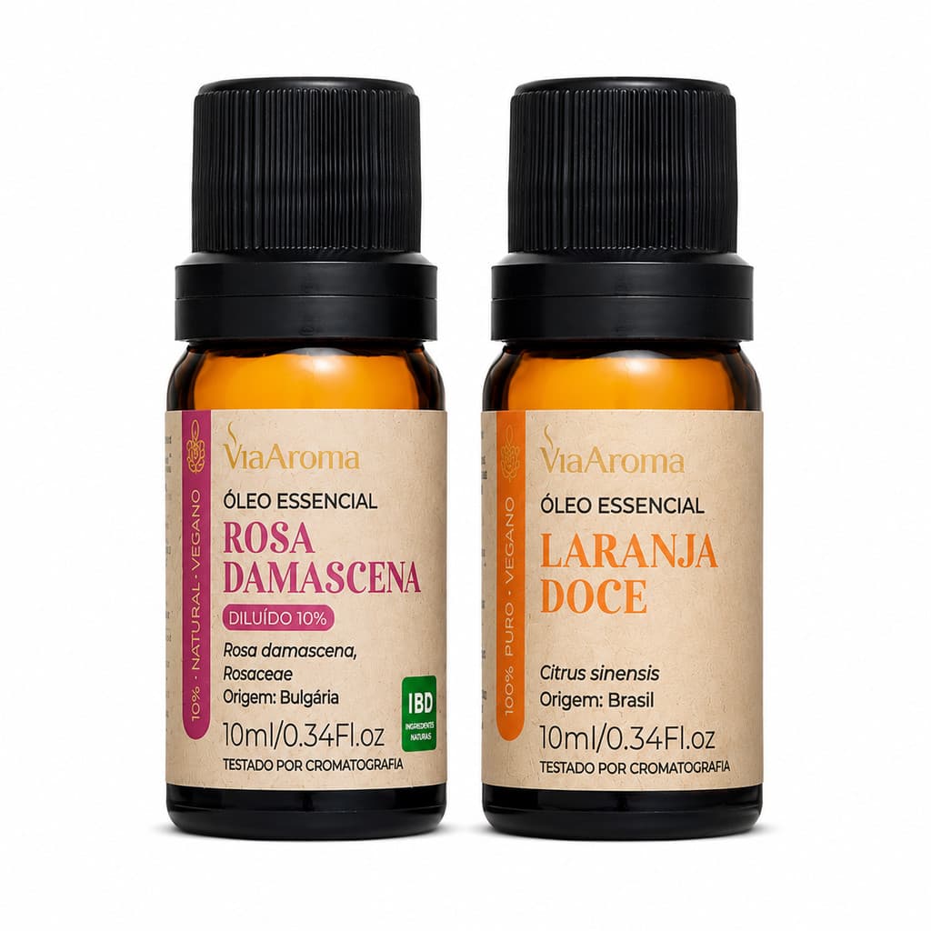 Kit Óleos Essenciais Rosa Damascena 10% + Laranja Doce 10ml Via Aroma Para Aromaterapia