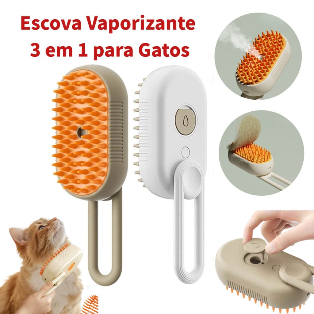 Escova Vapor Pet 3 Em 1 Elétrica Com Spray Massageadora Removedor De Pelos Para Gatos E Cachorros