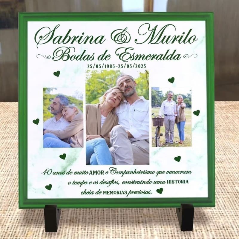 Azulejo Quadro Presente Bodas de Esmeralda com foto 40  Anos Casados