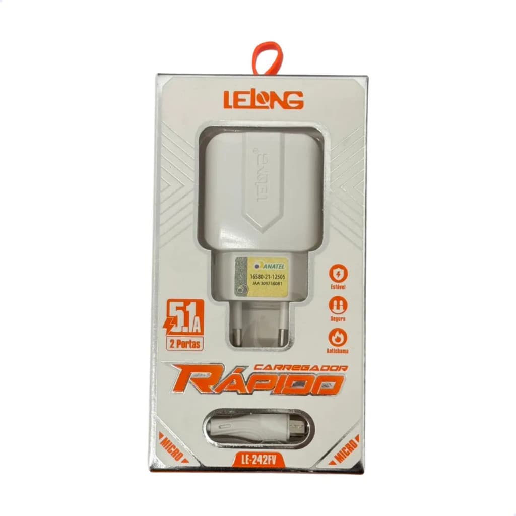 CARREGADOR TURBO V8 COM 2 PORTAS USB 1M 5.1A LELONG LE-242FV