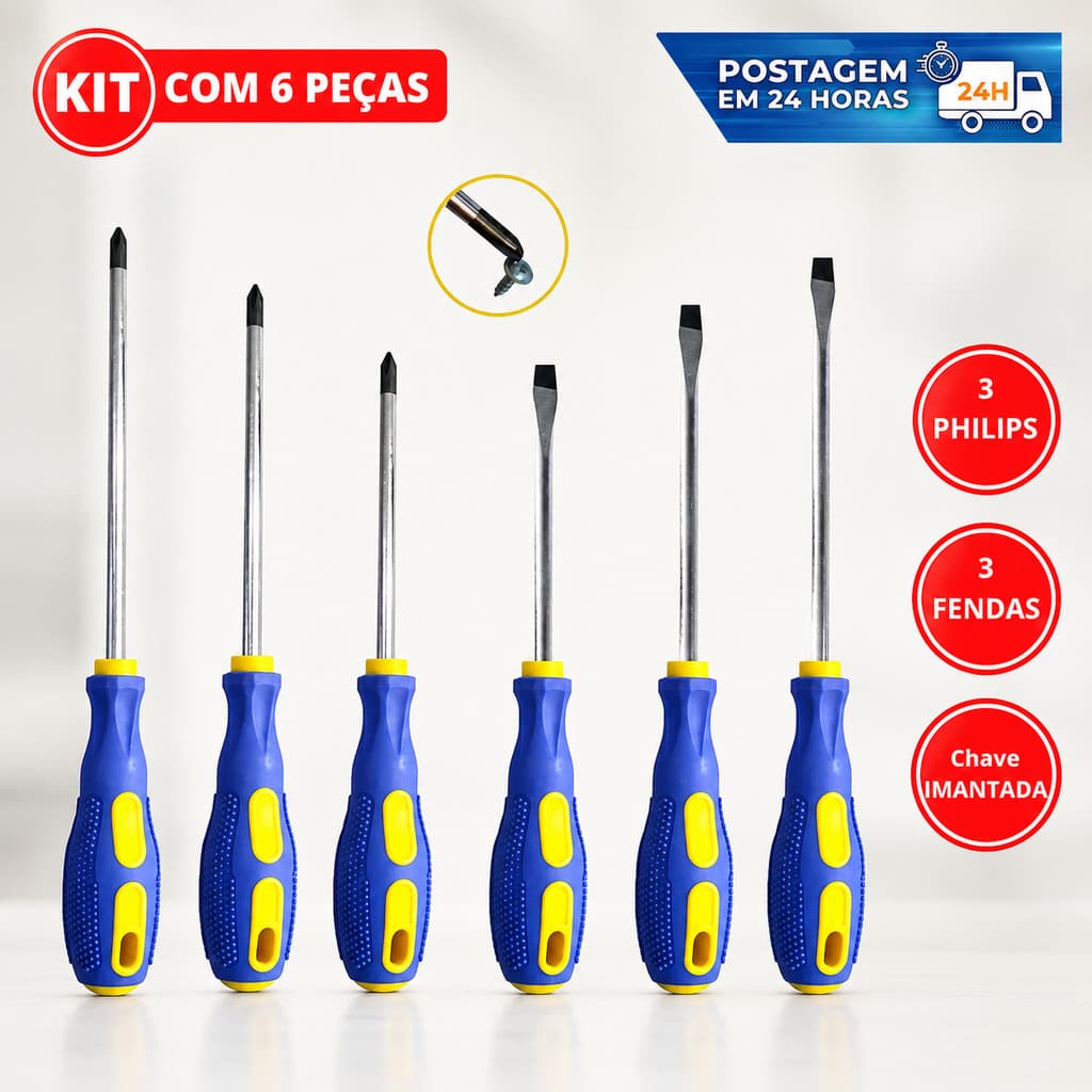 Jogo de Chaves Fenda Philips Phillips 6 Peças Aço Cabo Emborrachado Pontas Imantadas Magnéticas Profissional