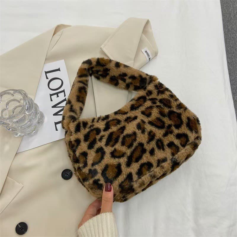 Bolsa de Ombro Feminina de Inverno, Elegante, de Pelúcia Macia, Cor Sólida, Estampa de Zebra e Leopardo, Bolsa de Ombro