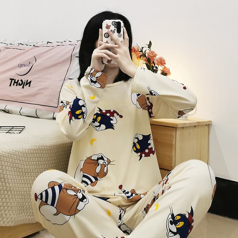 Estilo outono de manga comprida bonito coreano dos desenhos animados pijamas calças femininas terno de duas peças outono